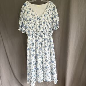 Indigo Rose Dress White Blue Floral Cottagecore Soft Girl Prairie Style‎ Size 2X